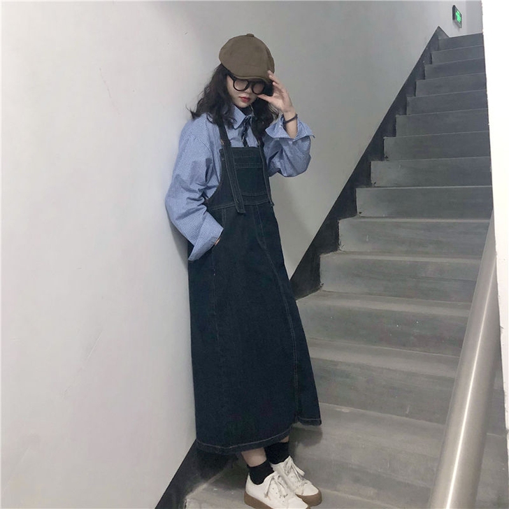 牛仔背带裙深蓝色~