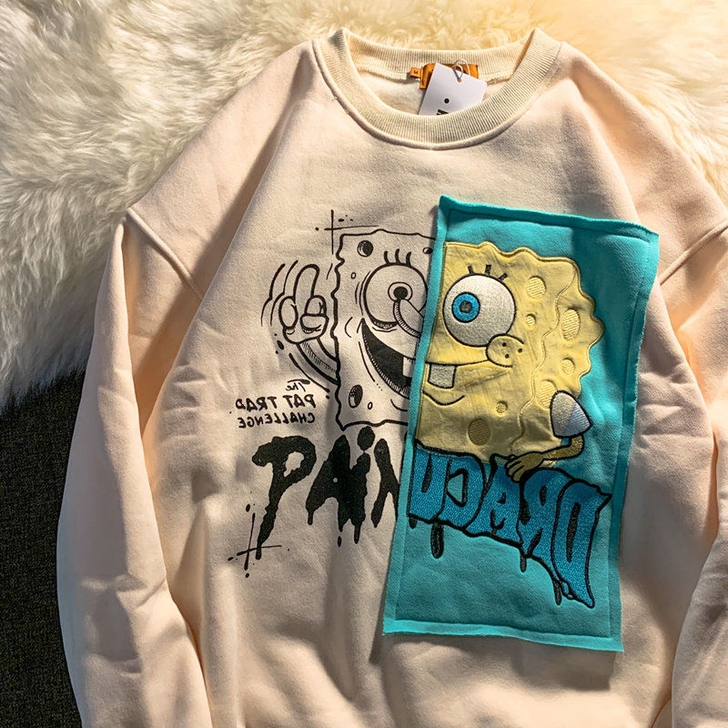 纯棉国潮ins复古潮牌海绵宝宝贴布设计感卫...