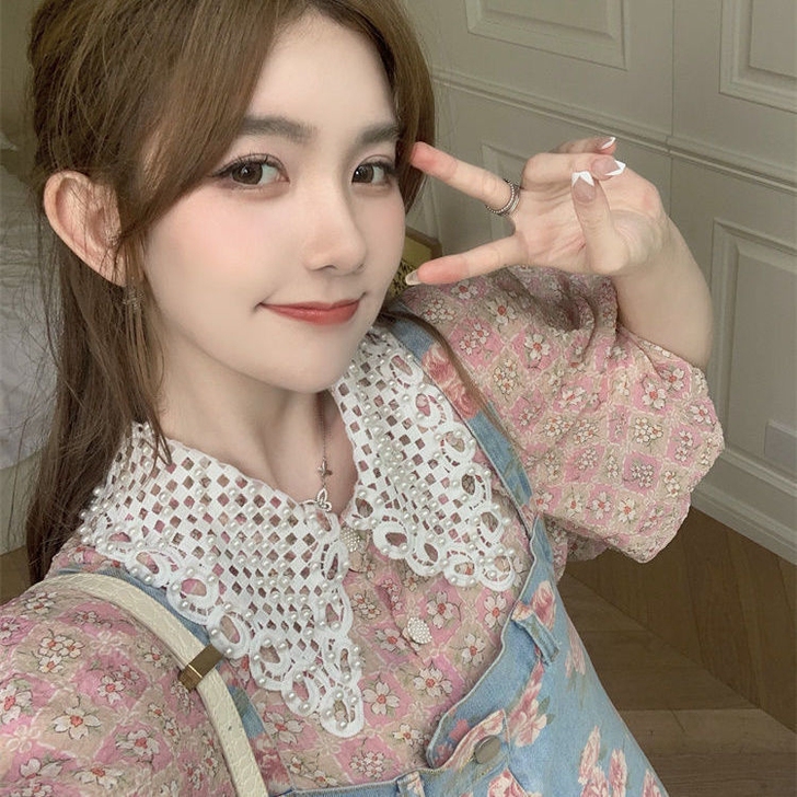 2021夏季新款学生潮韩系少女重工玫瑰花宽松复古牛仔背带裙女