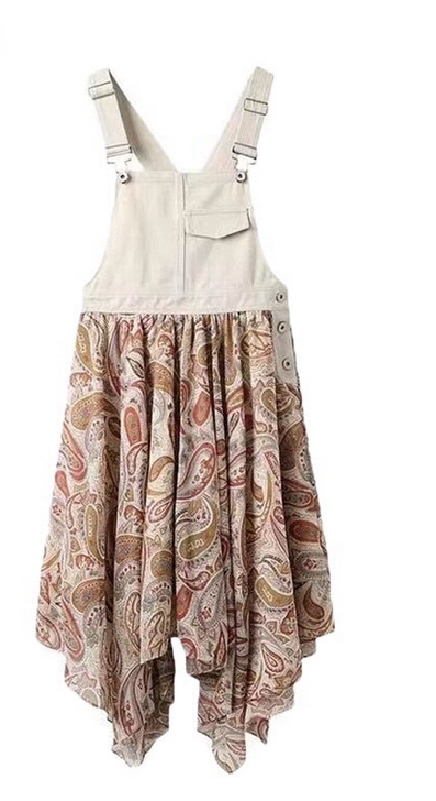 太平鸟花色纹样牛仔拼接背带裙连衣裙，M码全...