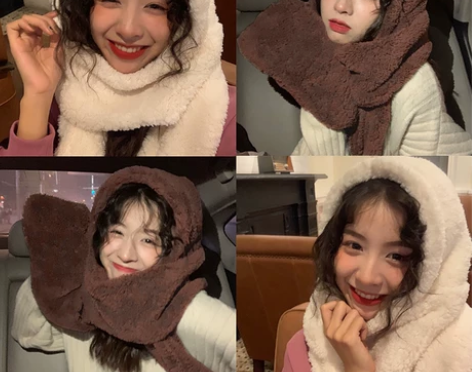 馨帮帮 可爱连帽羊羔毛耳罩保暖毛绒帽围脖手...