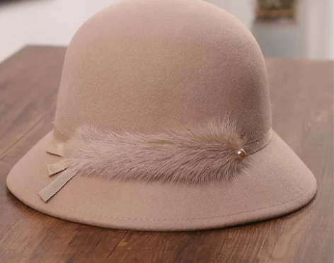 全新水貂毛装饰羊毛呢礼帽韩版百搭保暖盆帽渔...