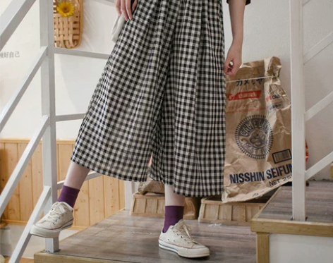 小雨良品 日系棉麻格子黑色阔腿裤女夏季高腰...