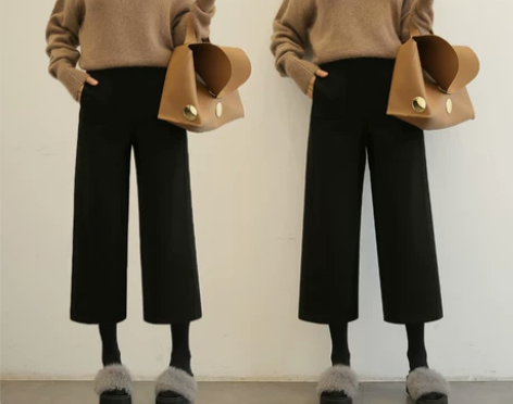 毛呢阔腿裤女春秋冬黑色裤子显瘦高腰直筒韩版...