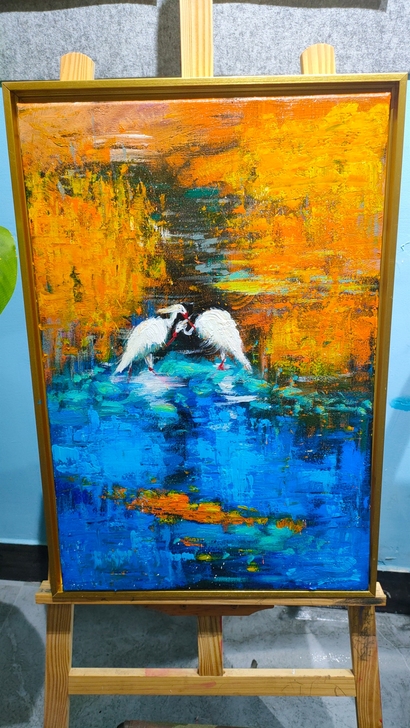 40*60油画作品，刀笔结合，带金色外框，...