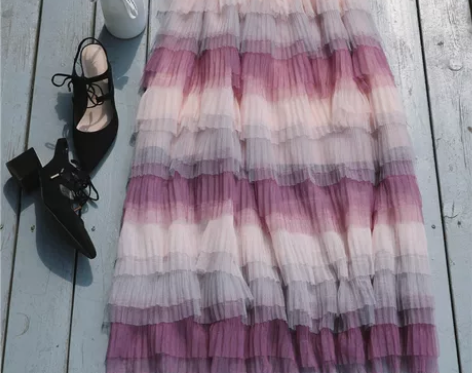 2018夏装新款彩虹A字渐变色网纱裙层层蛋...