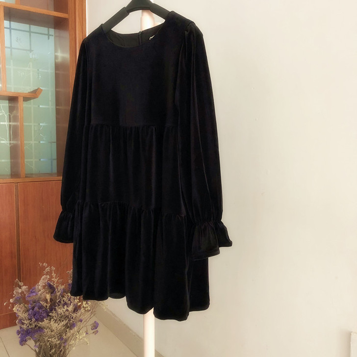黑色丝绒蛋糕裙宽松长袖连衣裙短款娃娃裙小个...