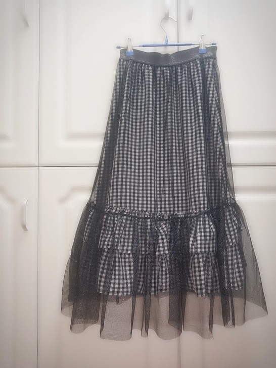 夏季网纱闪黑白格半身裙蛋糕裙公主裙