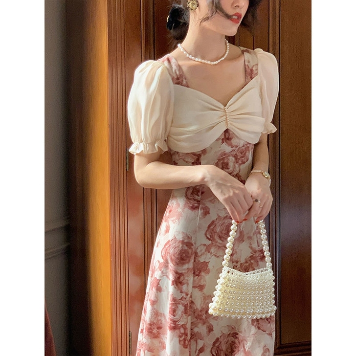 人间富贵花法式方领复古雪纺玫瑰连衣裙收腰显...