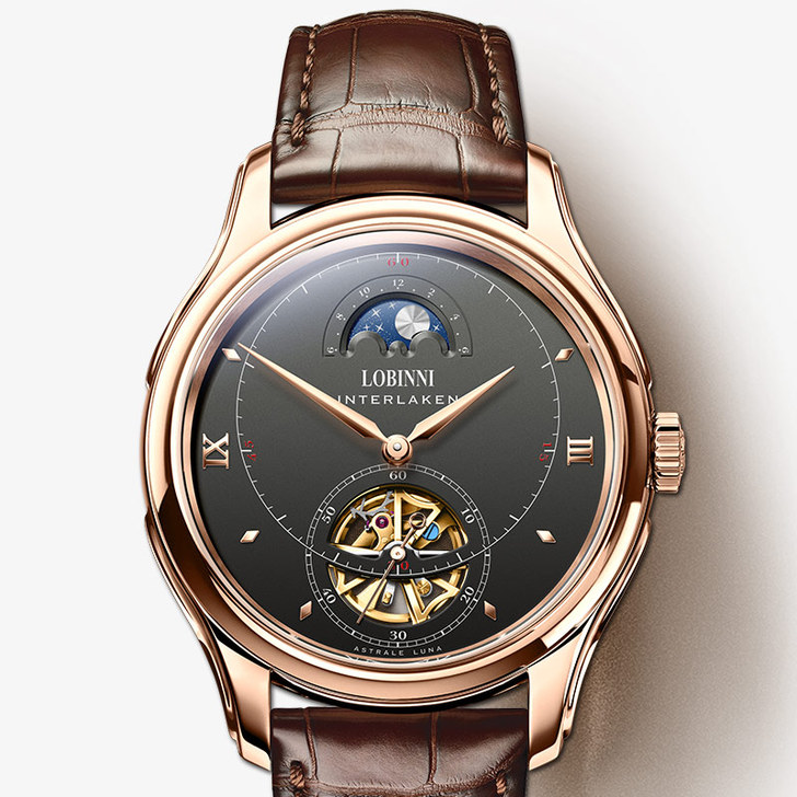 罗宾尼飞轮镂空手表男士全自动机械表大表盘皮...