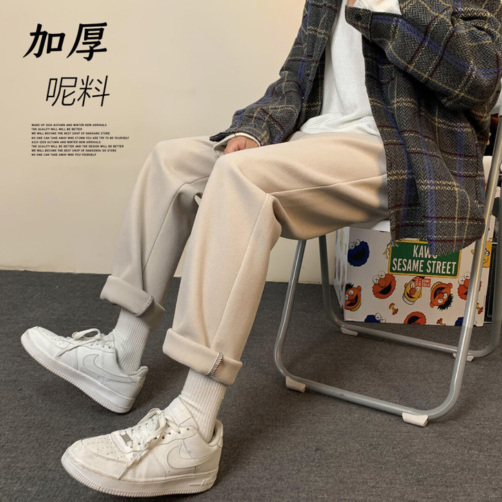 毛呢裤子男加绒加厚港风ins阔腿直筒裤韩版...