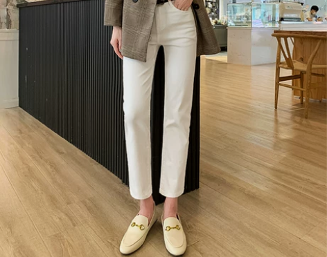 加绒米白色高腰烟管直筒牛仔裤女宽松显瘦20...