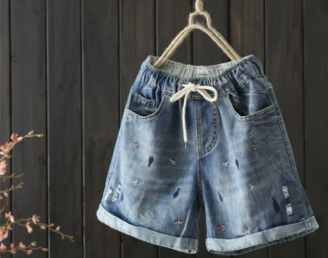 秋系原创文艺刺绣破洞做旧牛仔短裤女夏装新款...