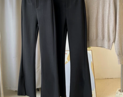 韩版修身高级感气质显高休闲裤女黑色微喇开叉...