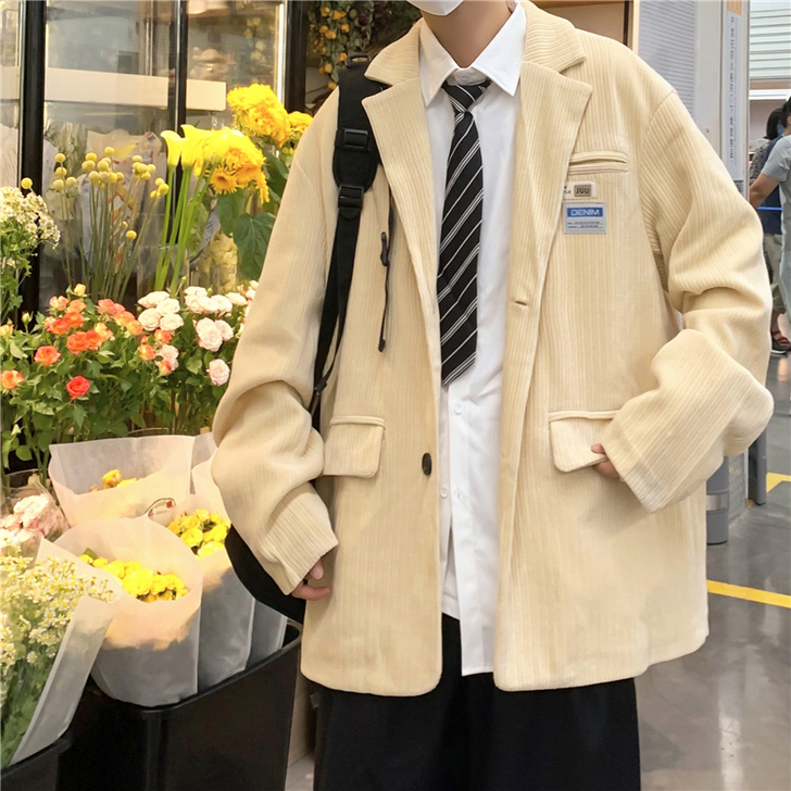 灯芯绒西装外套男盐系炸街复古港味韩风chi...