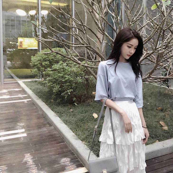 夏季半身白色百皱蛋糕裙chic风超火##a...