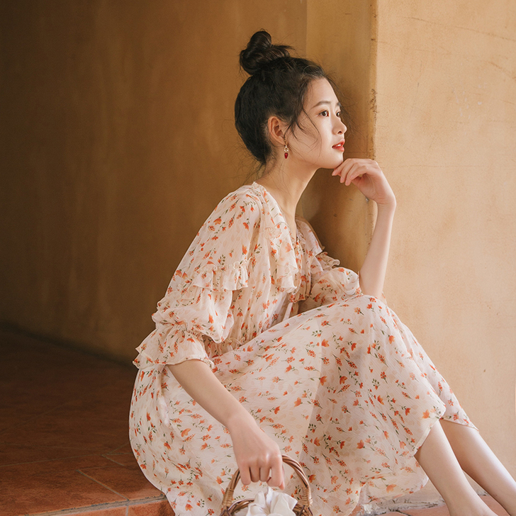 梅子熟了很仙的法国小众桔梗裙印花雪纺连衣裙...