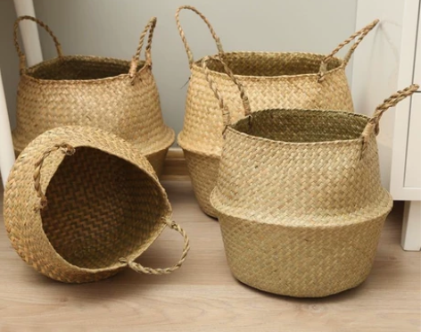 北欧花篮手提编织篮花盆草编花筐植物草编落地...