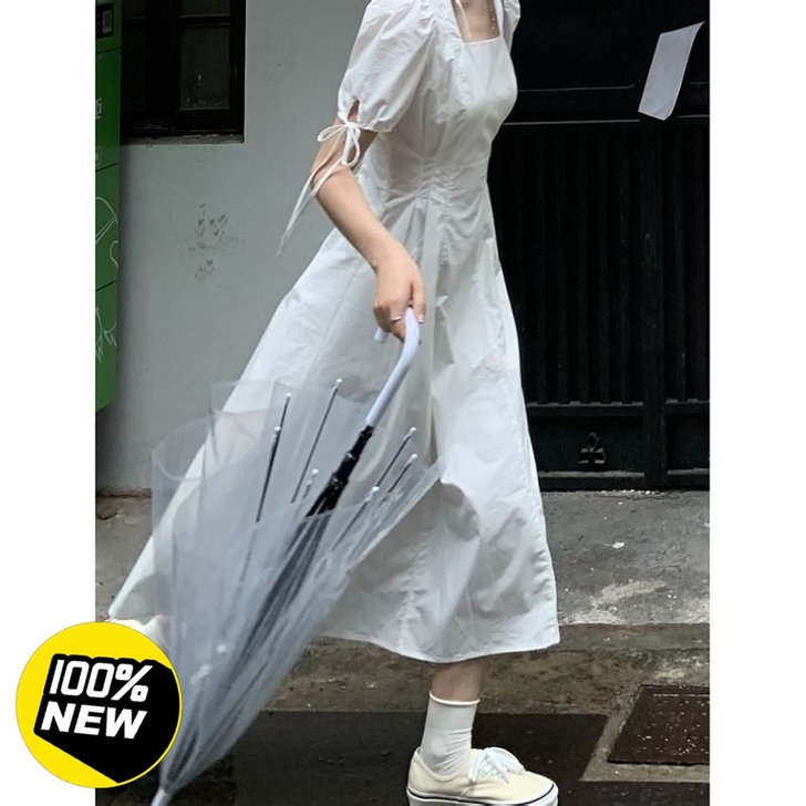 【特价包邮】法式方领泡泡袖连衣裙设计感小众...