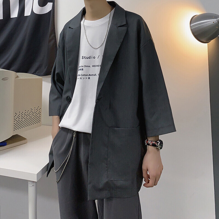 夏季薄款小西装外套男士百搭韩版宽松七分袖西...