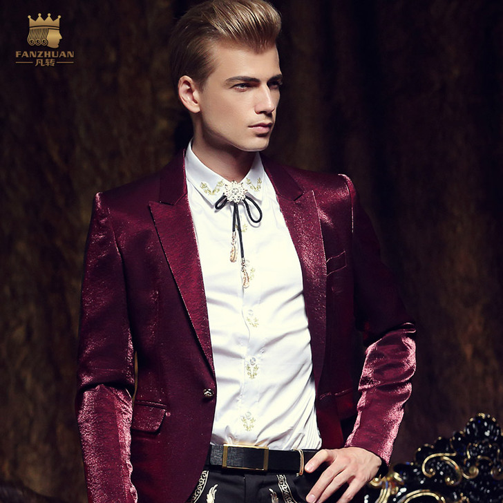 凡转春秋季潮流男士修身小西装纯色金丝韩版休...