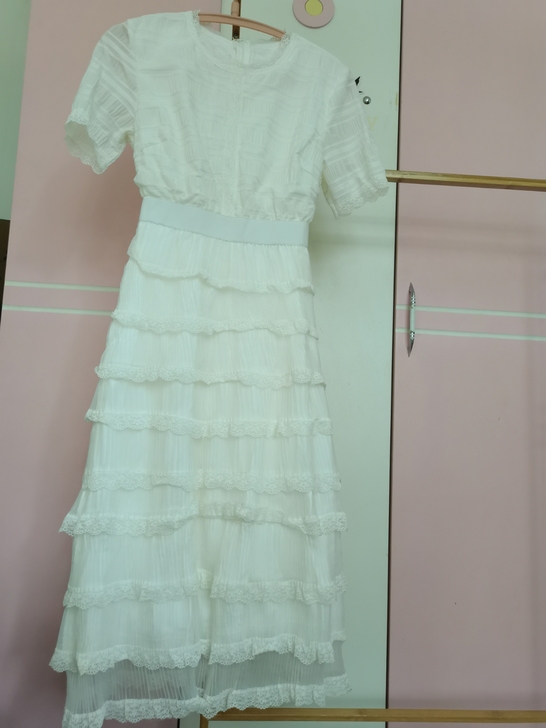 欧洲站2021夏季白色蕾丝欧根纱仙女蛋糕裙...