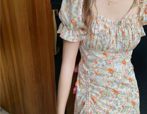 FANSI 2021春夏方领油画花边连衣裙...