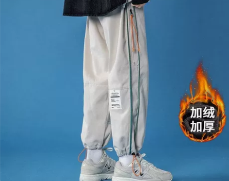 加绒裤子男秋冬季抽绳小脚百搭工装运动宽松束...
