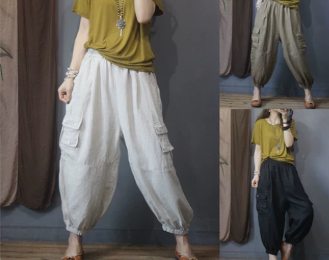 复古纯色麻料薄款工装裤女 2021年夏季宽...