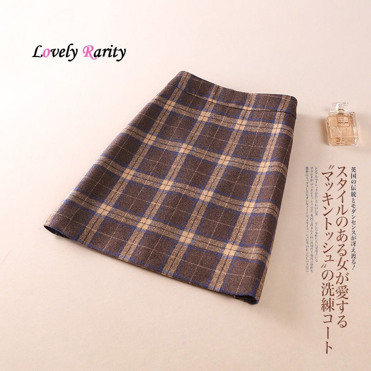 毛呢格子半身裙女秋冬新款高腰包臀裙大码显瘦...