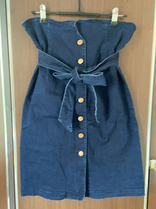 深蓝色系带复古牛仔花苞裙,S码