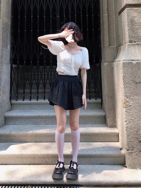 PtonUmi软软甜妹 黑色高腰半身裙女夏...