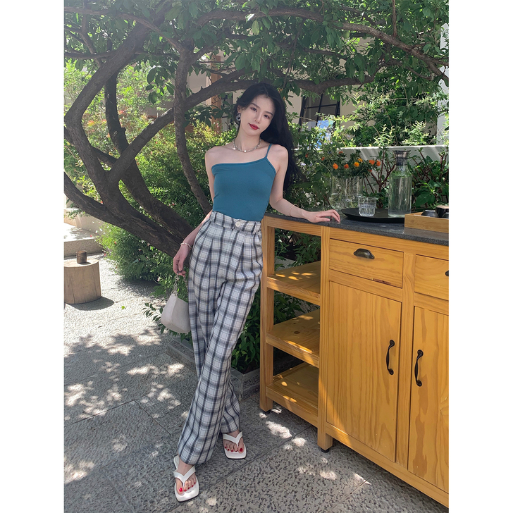 鹭青一奶茶格子复古气质格子裤夏季女新款高腰...