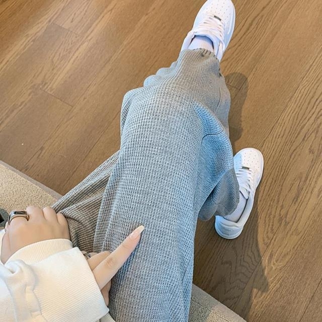 华夫格卫裤女春秋季高腰薄款抽绳灰色运动裤休...