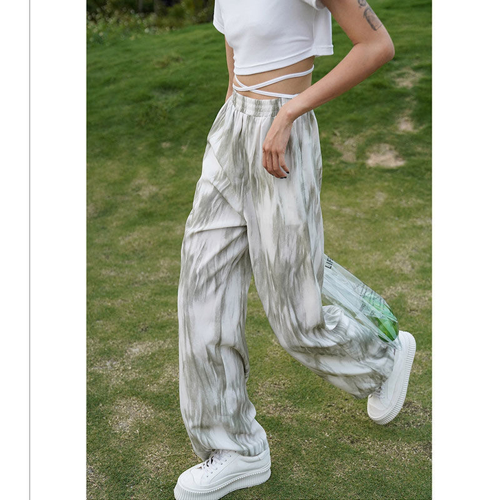 全新绿色渐变扎染休闲裤女2021年春夏新款...