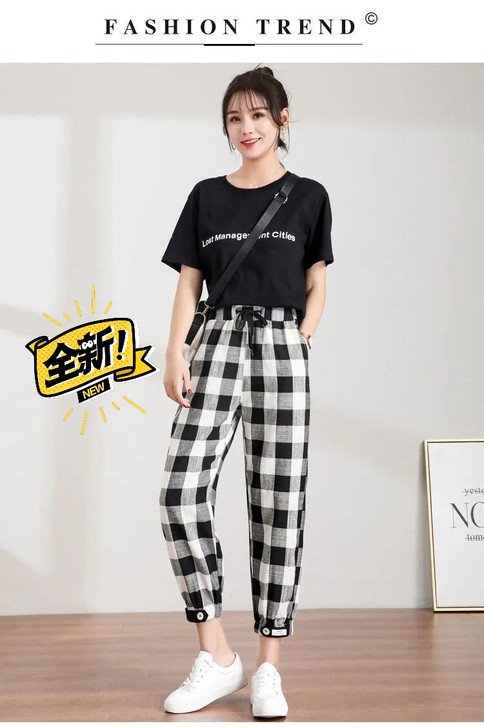 春夏季哈伦裤女，宽松百搭束脚裤，松紧腰格子...