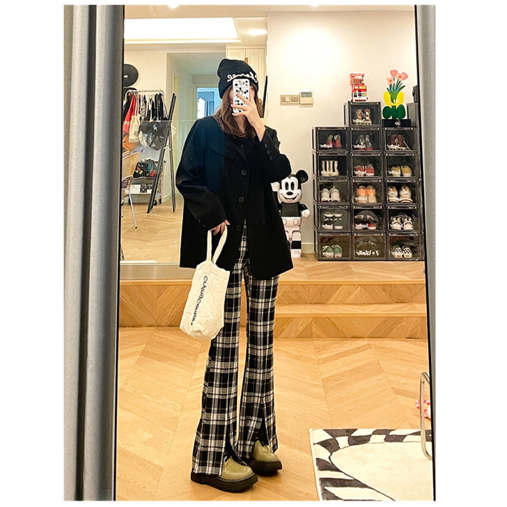 复古黑白格开叉微喇裤2021新款街头嘻哈休...