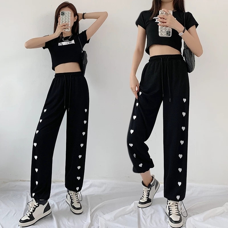 大码秋冬爱心运动裤女束脚休闲裤胖妹妹mm显...