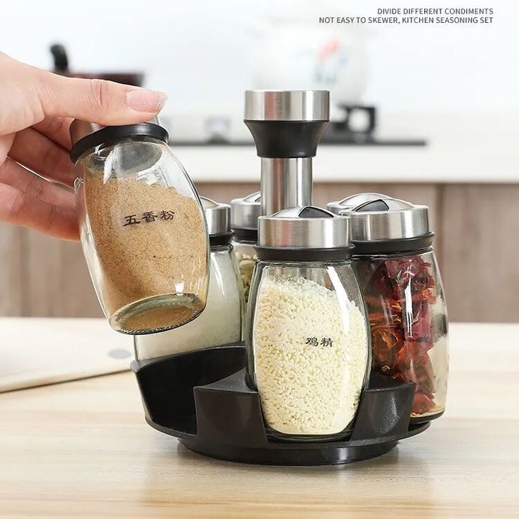 旋转调料盒味精盐套装玻璃调味罐子佐料收纳盒...