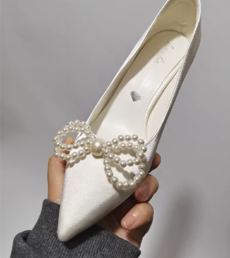 36码全新尖头细跟高跟鞋珍珠蝴蝶结单鞋四季...