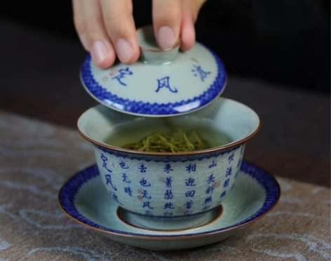 景德镇青花定风波三才盖碗陶瓷家用复古青花泡...