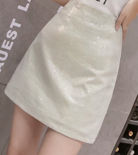 亮片A字裙半身裙 高腰显瘦百搭包臀短裙 杏...