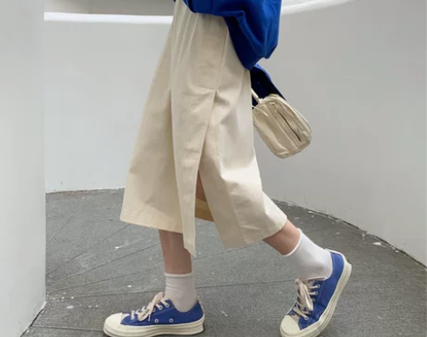 自制日系米杏色工装风半身裙学生复古简约开叉...