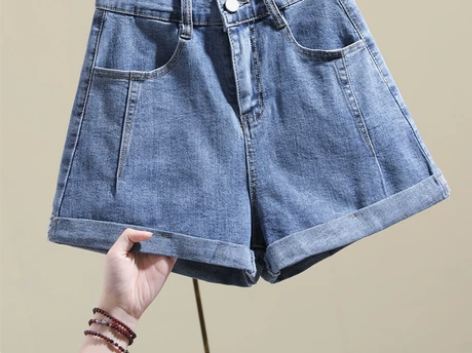 松紧腰卷边牛仔短裤女夏薄款2022新款高腰...