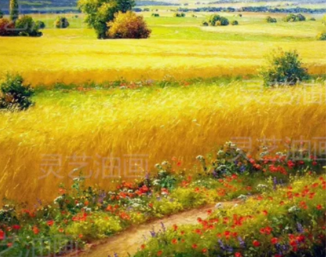 有框画纯手绘麦田田园风景丰收油画客厅玄关