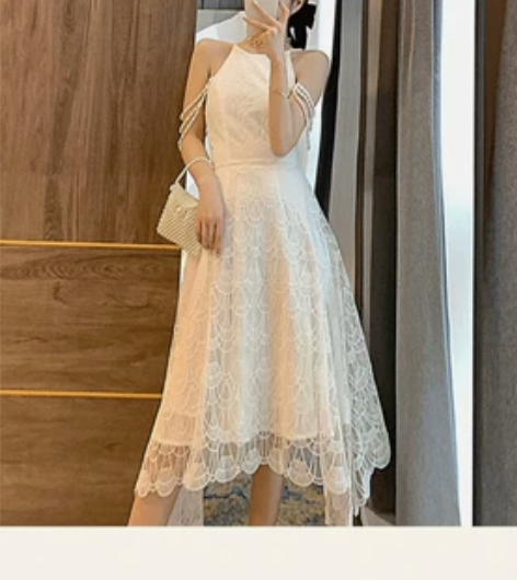 温柔风重工吊带珍珠桔梗连衣裙法式小众气质名...