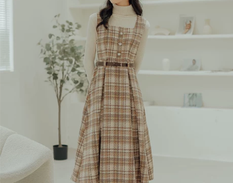 背带裙套装女秋冬新款温柔风格子毛呢连衣裙