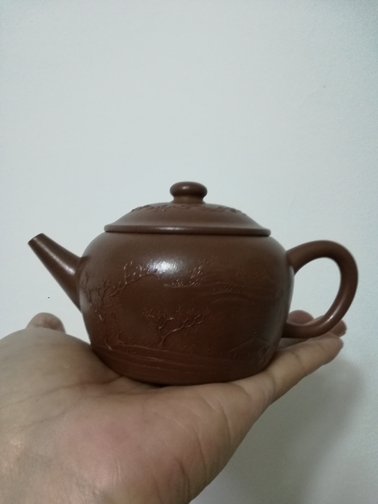 清代補兰斋款泥绘山水纹紫砂壶,纯紫泥,老泥...