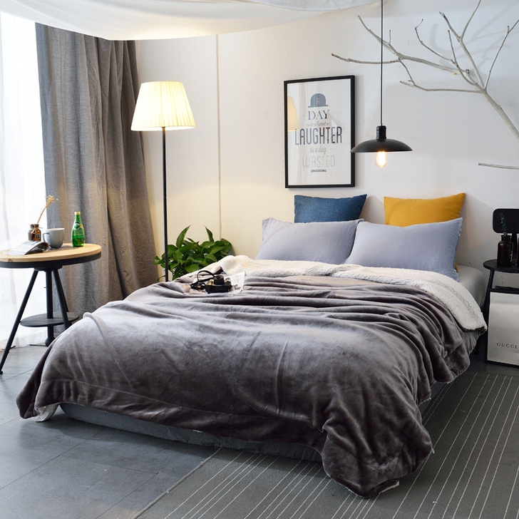 全新法莱绒羊羔绒素色双拼盖毯加厚保暖毛毯单...