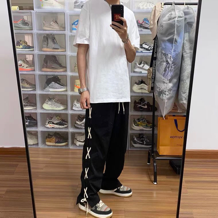 长裤男休闲裤夏薄款黑色垂感绑带宽松高街嘻哈...